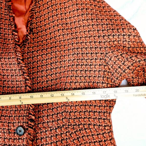 🦃 Kasper Petite Single Button Blazer Orange Black Tweed Woven Fringe Edge 12 P - Picture 11 of 11